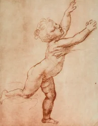 Zeichnung eines nach rechts laufenden Babys, wo anscheinend eine Person auf ihn wartet, von der man nur eine Hand sehen kann. Werk von Raffaello in den Uffizien im Raum der Zeichnungen und Drucke, Florenz